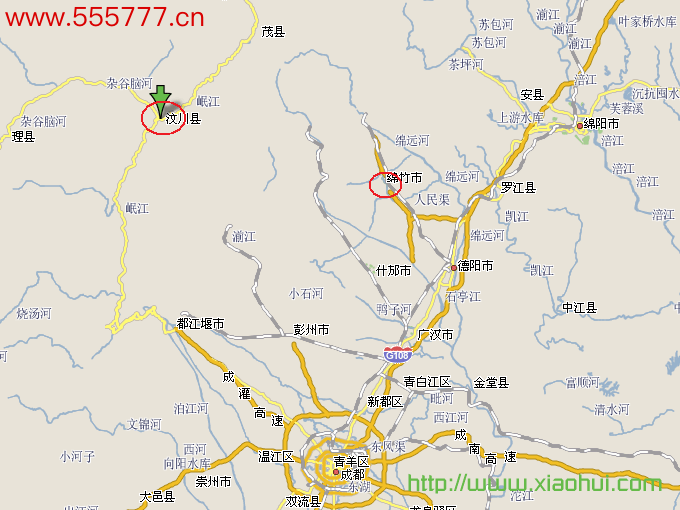 四川绵竹市西南镇 与 四川汶川震中，直线距离大约是 80 KM 左右
